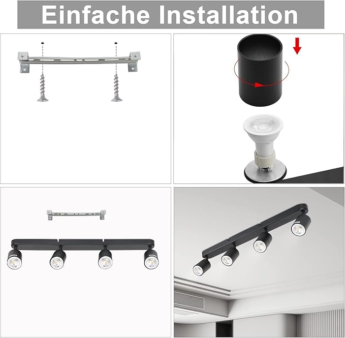4 Way Track Lighting Kit Flexibly Rotatable Track Light Ceiling Kitchen LED Ceiling spot Light for Bedroom, Picture Wall, Hallway, Office, Bar, GU10 Socket (Black-4)