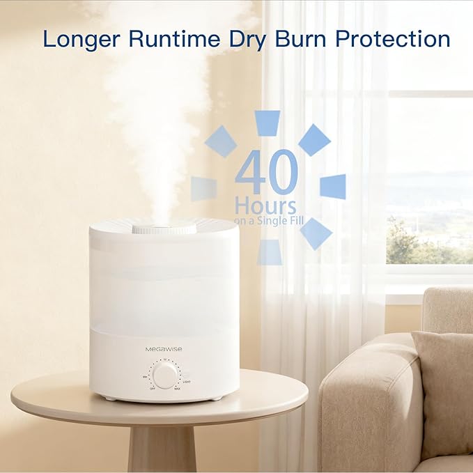 Megawise Cool Mist Humidifier with Top Refill Design, 2L Capacity, High Mist Output, No Leakage, and 7 Color Night Light