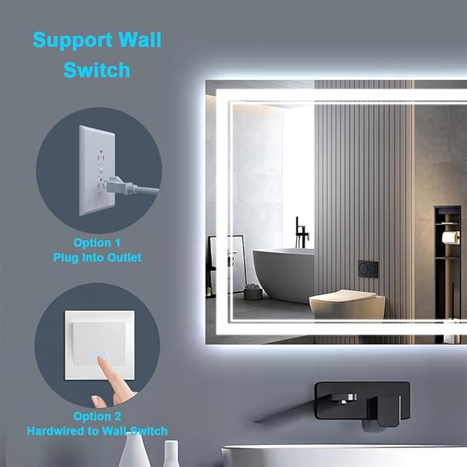 40x32 Inch LED Mirror for Bathroom, Rectangle Lighted Bathroom Mirrors Wall Mounted for Vanity Restroom Bedroom Frameless Modern Design with Backlit & 2 Front Lit, Anti-Fog, Dimmable, 1 Minute Install