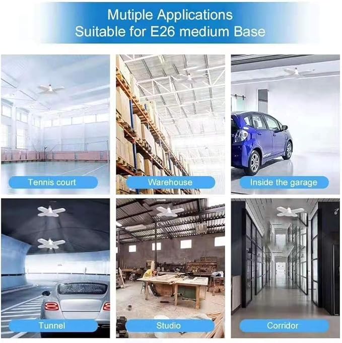 (4 Pack) LED Garage Lights, 60W Trilights Ceiling, High Low Bay Deformable Adjustable 4 Led Light Bulbs 6000LM 6000K, Screw in Tribright Garage Lighting Fixture,CRI80 Daylight