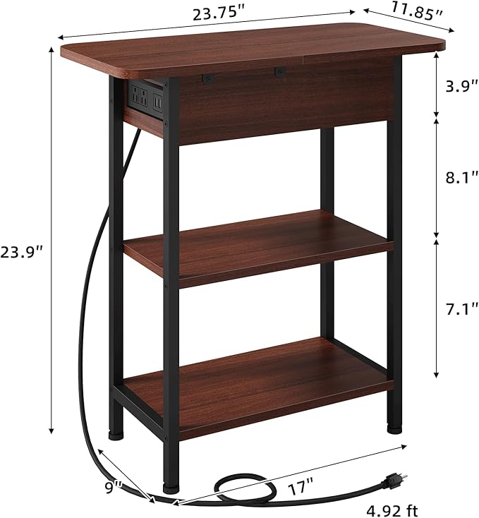 LIDYUK End Table with Charging Station, Flip Top Side Table with USB Ports and Outlets, Nightstand for Small Spaces, Bedside Tables with Storage Shelf for Living Room, Bedroom, Dark Cherry