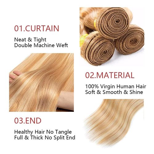 Giginger Bundles Human Hair P27/613 Blonde Straight Human Hair Bundles 20 22 24 Inch Highlight Honey Blonde Unprocessed Quick Weave Soft Sewn In Hair Extensions for Black Women