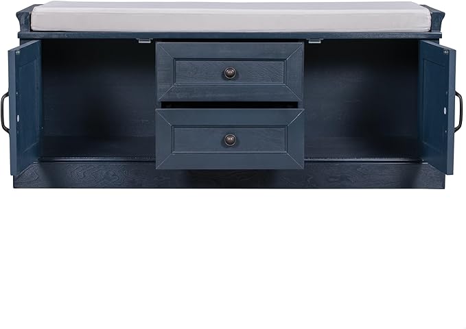 GDFStudio Rustic Storage Bench with 4 Doors 2 Draws Adjustable Shelves Removable Cushion Rectangular Cabinet Foot Rest Stool Solid Wood Shoe Bench Seating for Entryway Living Room, Antique Navy