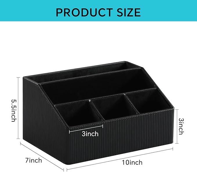 Remote Control Holder with 5 Compartments for Office Art Supplies, PU Leather Nightstand Organizer Pencil Pen Desk Caddy for Home, Desktop TV Remote Control Organizer Storage (Striped Black)