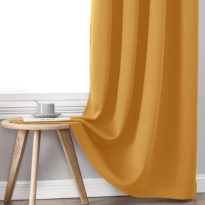 ChrisDowa 100% Blackout Curtains 108 inch Long for Bedroom with Black Liner, 2 Thick Layers Total Blackout Thermal Insulated Grommet Window Curtains 2 Panels Set (Mustard Yellow, 52 x 108 Inch)