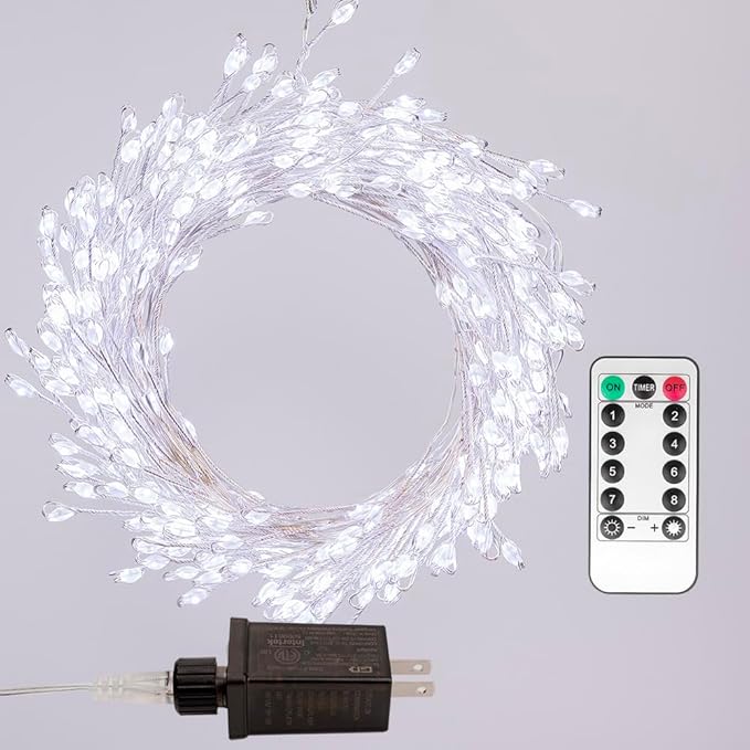 Fairy Lights Plug in, 100 Feet 1000LED Cool White Silver Wire Firecracker Firefly Lights with Remote, Waterproof Copper Wire Lights for Bedroom Wreath Window Wedding Christmas Tree Decoration
