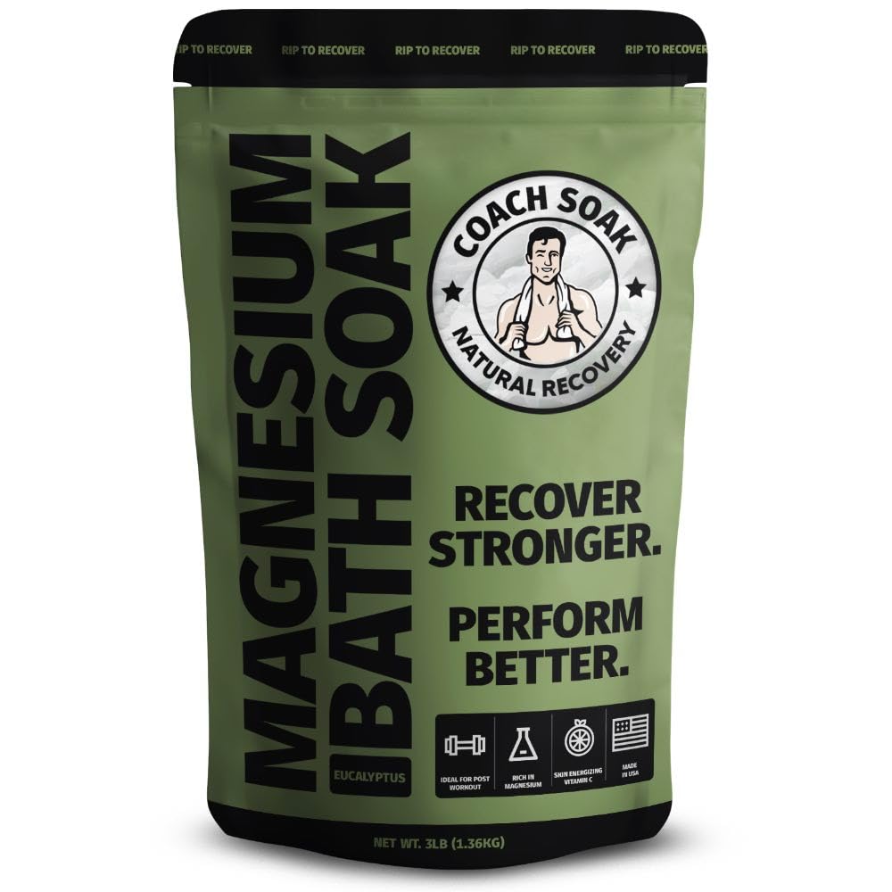 Coach Soak: Recovery Bath Soak â Rejuvenating Post Workout Natural Magnesium Flakes - 21 Minerals, Essential Oils & Dead Sea Bath Salts - Absorbs Faster Than Epsom Salts, 3lbs (Eucalyptus Tea Tree)