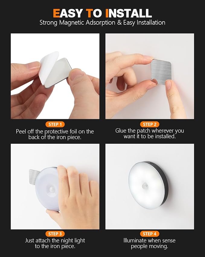 Stick On Lights, LED Puck Lights, Rechargeable Motion Sensor Night Light, 3 Operating Modes, Adjustable Brightness,Under Cabinet Lightins for Bedroom, Closet, Kitchens (2 Pack).