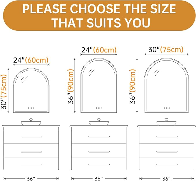 Arched LED Mirror for Bathroom 24"x30", Brushed Gold Lighted Bathroom Mirror with Lights, Fogless, Dimmable, Shatterproof, Touch Sensor, 3 Color Changing