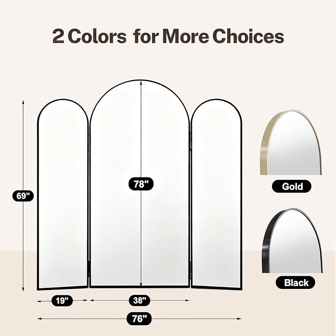 3-Way Full Length Trifold Mirror, 78"x76" Oversized Large Standing Mirror with Aluminum Alloy Thin Frame, for Wedding Dress/Clothing Shop/Closet, Black