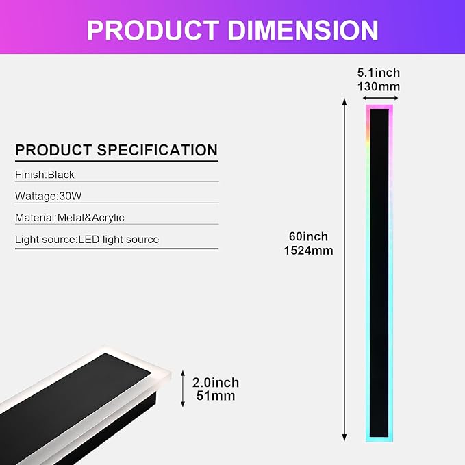 2 Pack Outdoor LED Wall Lights for House,RGB Long Outdoor Wall Lights,60 inch Long Linear Light Fixture,Dimmable Outside Wall Light for Porch,Enterway,Garage with Control Remote