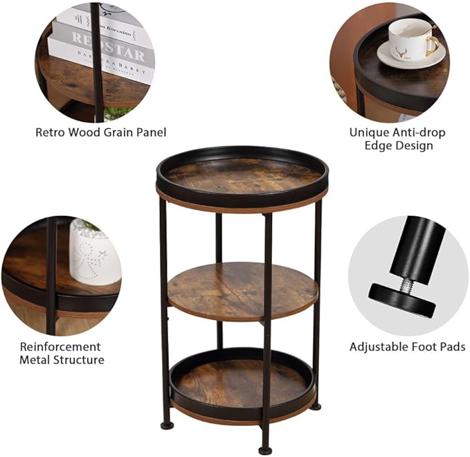 Dulcii Side Table, Round End Table with 3 Storage Shelves for Living Room, Bedroom, Nightstand with Steel Frame for Small Spaces, Industrial Round Sofa Table, Outdoor Accent Coffee Table, Rustic Brown