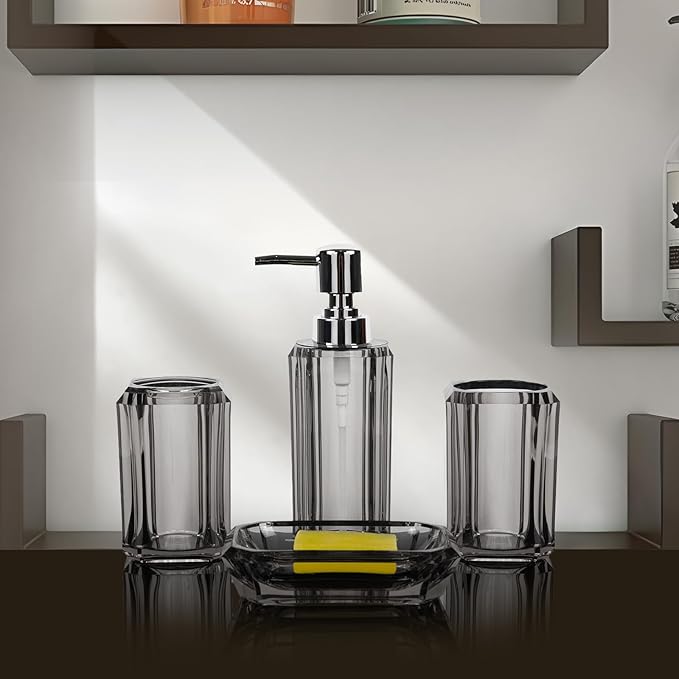 4-Piece Modern Gray Bathroom Accessories Set — Soap Dispenser, Soap Dish, Mouthwash Cup & Toothbrush Holder, Glossy Acrylic with Gray Finish, Vanity Countertop Organizer