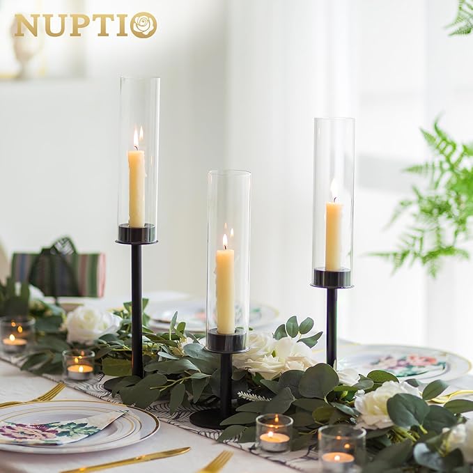 NUPTIO Hurricane Glass Candle Holders: 6 Pcs Black Metal Candlestick Tapered Holder with Clear Chimney Covers Bottomless Tall Modern Taper Candles Stick Cylinder Stand for Halloween Fireplace Decor