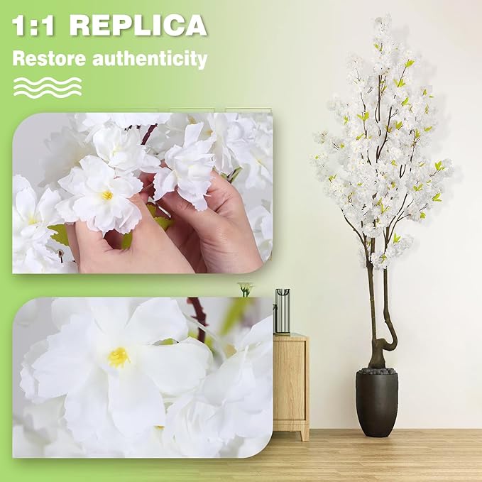 Faux White Cherry Blossom Tree 7ft(84in) Tall Artificial Plant Indoor Decor Handmade Natural Fake White Flower Tree for Wedding Realistic Cherry Plant in Pot for Home Living Room,Office,Outdoor Decor.
