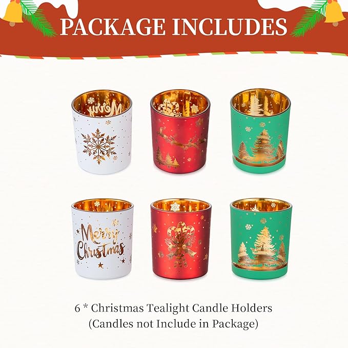 Glasseam Christmas Votive Candle Holders: Glass Tealight Candle Holder Set of 6 Tea Candle Holder for Jar Candles Red Green White Candle Holders for Table Centerpiece Home Xmas Party Decorations Gifts