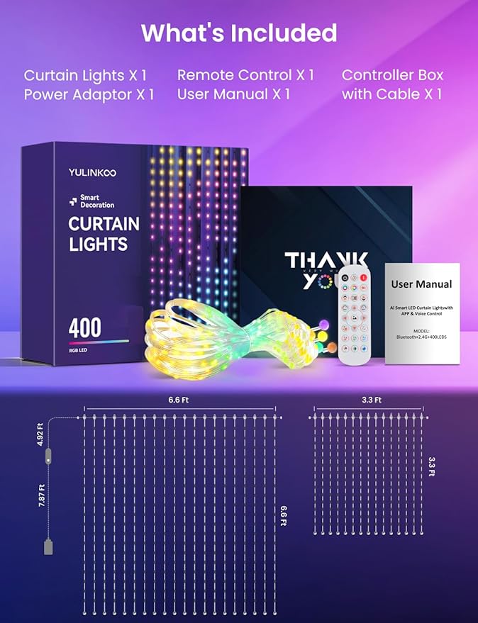 Smart LED Curtain Lights, 400 LEDs RGB+IC Color Changing Wall Lights, 6.6x6.6ft Indoor Dynamic DIY Pattern LED String Lights, APP Remote Control, For Bedroom, Living Room, Window Decor, Party, Wedding