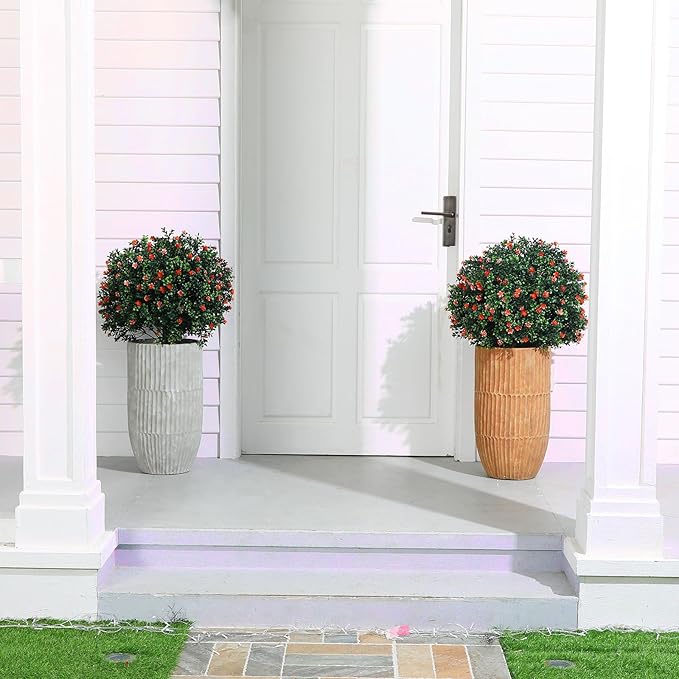 Yunlly Set of 2 Artificial Boxwood Topiary Ball Tree Fake Bushes Shrubs Outdoor Faux Plant with Ground Spike Flowers UV Resistance Greenery for Front Porch Garden Patio Indoor(Orange,27x18inch)