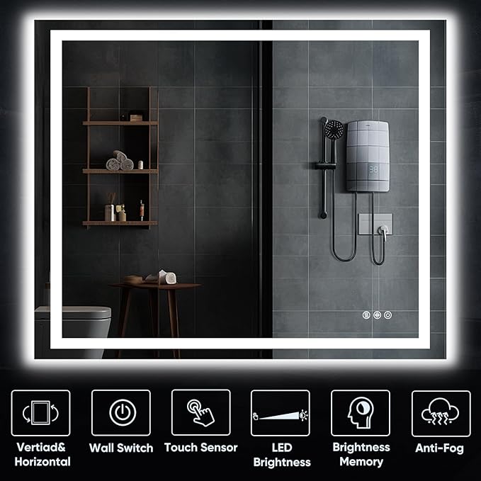 LED Bathroom Mirror, 40"x32" with Frontlit and Backlit Anti-Fog Mirror with Lights LED Vanity Mirror for Bathroom 3 Colors Temperature & Dimmable Bathroom Mirror with HD Tempered Glass