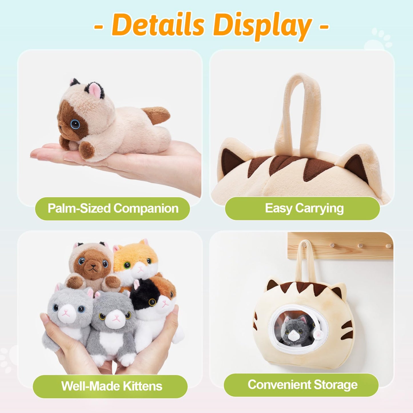 OUOZZZ Cat Stuffed Animal House – Plush Kitten Toy Set with 5 Soft Cats – Interactive & Travel-Friendly Kitties Carrier Playset for Toddlers & Kids – Huggable, Portable Birthday Gift for Baby Girls