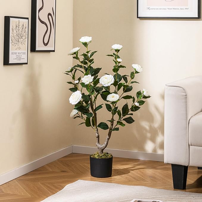 GOFLAME 3FT Artificial Camellia Tree, 2 Pack Faux Camellia Plant with White Flowers, Solid Wood Trunk, Realistic Moss, Greenery Potted Decoration Tree for Indoor Outdoor Home Porch Front Door