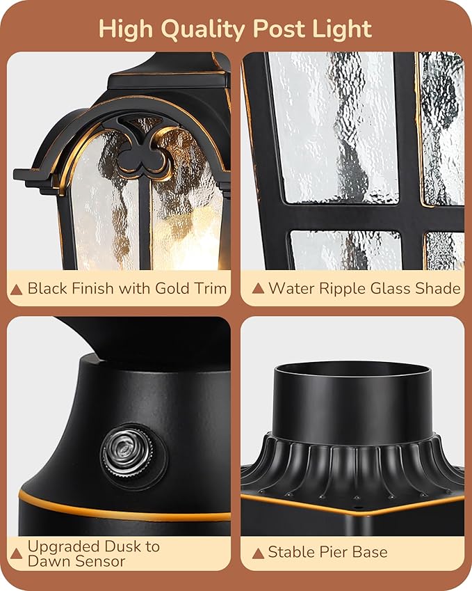 EDISHINE Dusk to Dawn Outdoor Post Light with Pier Mount Base, Hardwired Black Roman Waterproof Pole Lantern Fixture, Water Ripple Glass Exterior Lamp Post Light for Driverway, Patio, Pathway