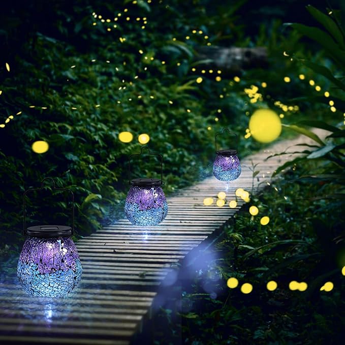 Bshine Mosaic Solar Lantern Outdoor Hanging Waterproof, Colourful Glass Purple Lantern Valentine's Day Indoor Decor Table, Garden Decor for Yard Outside, Lawn, Birthday Gift for Mom Women Gardening