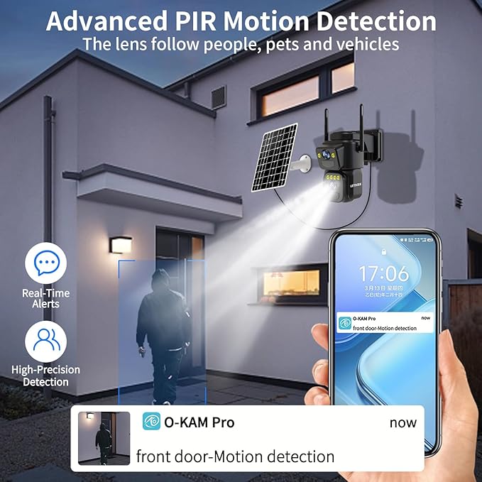 Dual Lens Security Cameras Wireless Outdoor,Solar Cameras for Home Security,Motion Detection,Night Vision,No Month Fee,IP65 Water Proof