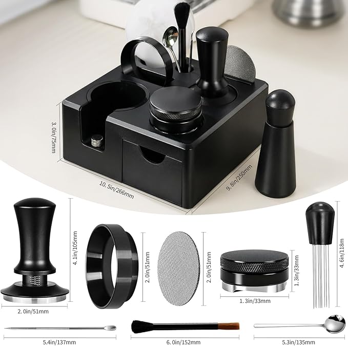 10PCS Espresso Accessories Kit - Espresso Knock Box and Tamping Station,Coffee Tamper,Distributor,WDT,Dosing Funnel,Puck Screen,Brush,Coffee Spoon,Latte Pen,16 Stencils Fits Delonghi 51mm Portafilter