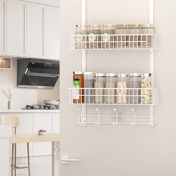 Over The Door Hooks, Door Hanger Towel Rack with 10 Coat Hooks & 2 Mesh Basket, Over Door Storage Organizer for Bathroom, Bedroom, Kitchen, Office, Easy Installation, White