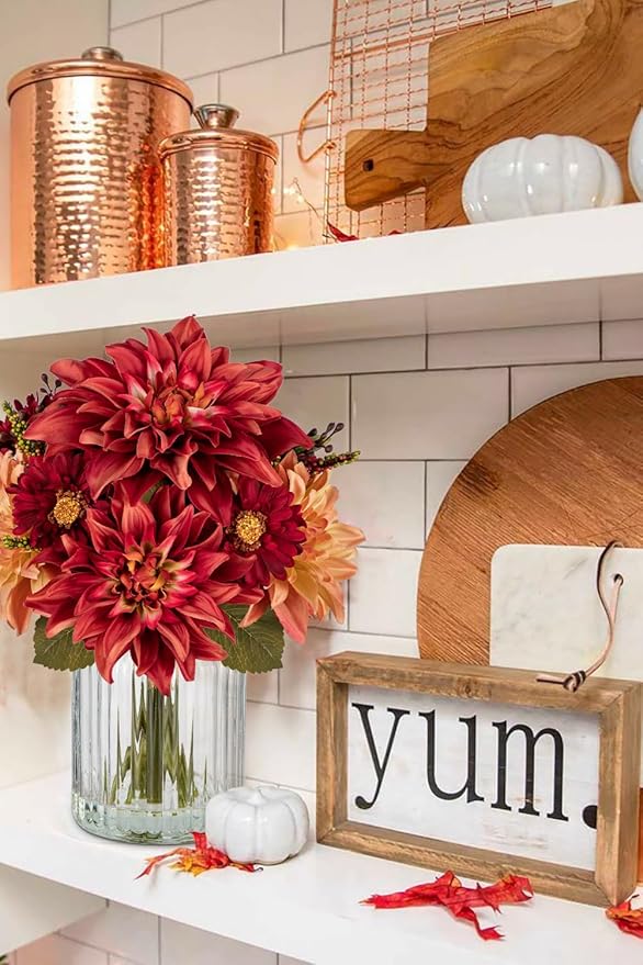 Briful Fake Fall Flowers with Vase, Artificial Fall Dahlia & Mum Silk Floral Arrangement with Glass Vase Faux Autumn Flowers Bouquet for Home Office Room Coffee Table Centerpiece Wedding Decoration
