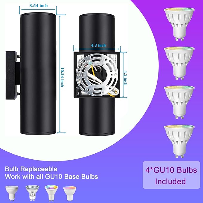 Modern Up and Down Lights Outdoor Wall Sconce, APP Control Color Changing RGB+CCT Outdoor Wall Light for House and Garage, Exterior Light Fixture Cylinder Wall Mount with Smart Bulb (2 Pack)