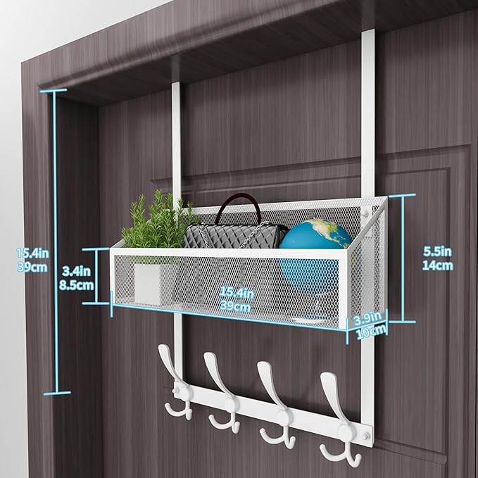 Over The Door Hooks Organizer, Coat Rack Over The Door Storage Hanger Towel Rack, Back of Door Storage Organizer for Bathroom,Bedroom,Kitchen,Office (White, 2-Tier)