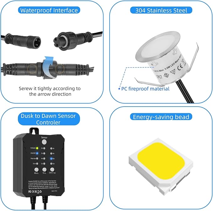 Recessed Deck Stair Lighting with Timer Photocell Sensor Transformer, Dimmable, Low Voltage LED Step Riser Lights IP67 Waterproof φ1.26 12V Warm White Patio Kit Decorations, 16 Pack