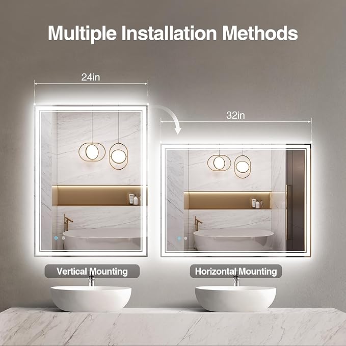 24"x 32" LED Bathroom Mirror with Anti-Fog, Dimmable Backlit + Front Lit, 3-Color LED Bathroom Vanity Mirror for Wall, Memory Function, Shatter-Proof Glass, ETL Listed(NHYJ6822D-NA)