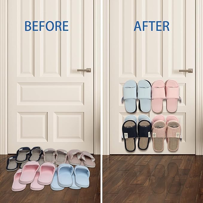 Lavezee Wall Hanging Shoe Rack Organizer 8 Pairs Sandals Slippers, Set of 2 Silver Metal Mounted Shoe Storage Holder for Wall, Entryway, Bathroom