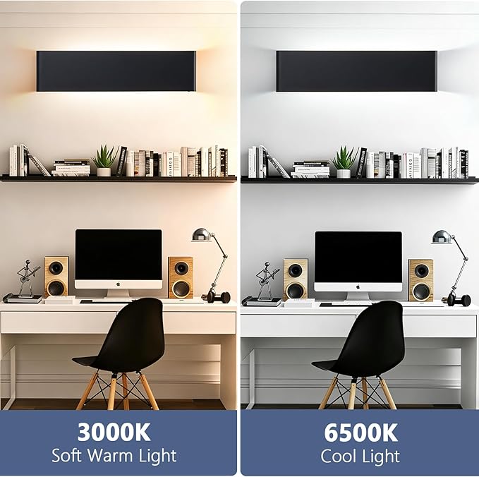 Nigaut 21.6'' Modern LED Wall Sconce Light, 15W 3000k-6500k Adjustable Black Bathroom Vanity Light 2 Pack