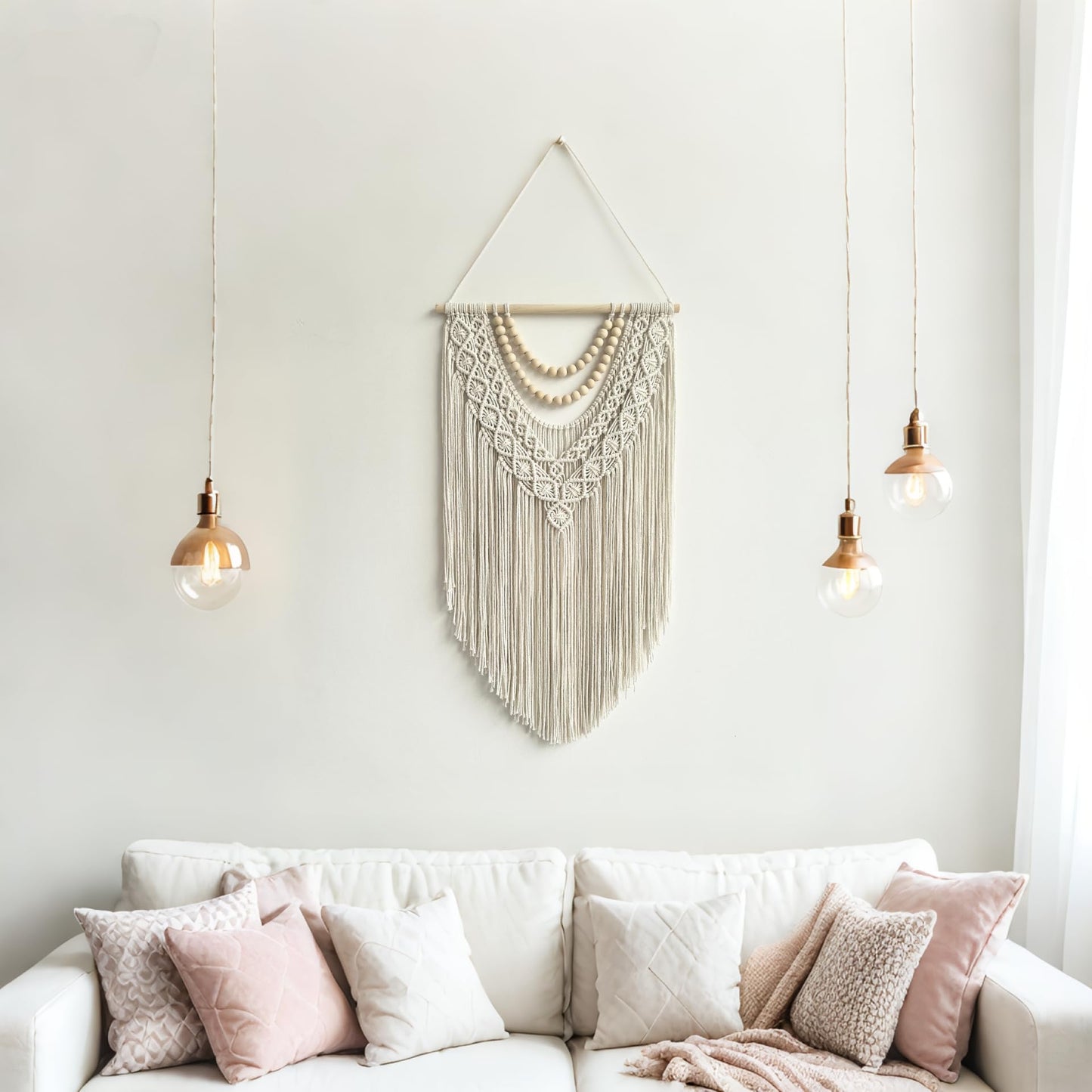 guzhiou Macrame Wall Hanging Boho Geometric Woven Tapestry Cotton Handmade Bohemian Art Decor with Wood Bead Wall Decor for Bedroom Living Room Apartment Nursery 31.5" L x 17"" W (Wood bead-B)"