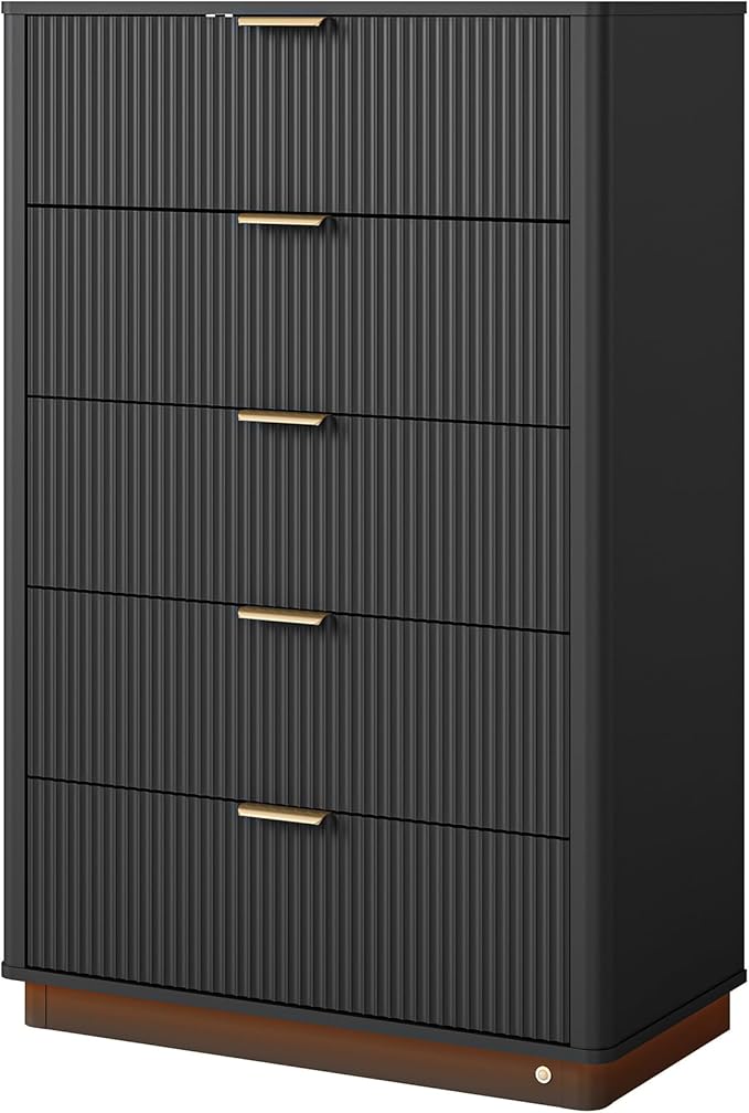 Fluted Dresser for Bedroom with 5 Drawers, 31.5" Wide Modern Chest of Drawers with Lighting, Wooden Dresser TV Stand with Curved Edges, Closet Organizer for Living Room, Hallway,Black