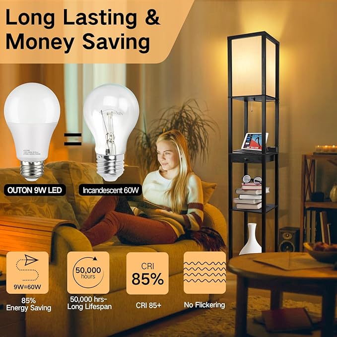 OUTON Floor Lamp with Shelves, 1 Drawer, 2 USB-C Ports, 2 AC Outlets, LED Modern Floor Lamp with 3 Color Temperature, Storage Display Wood Standing Lamp for Living Room, Bedroom, Office (Black)