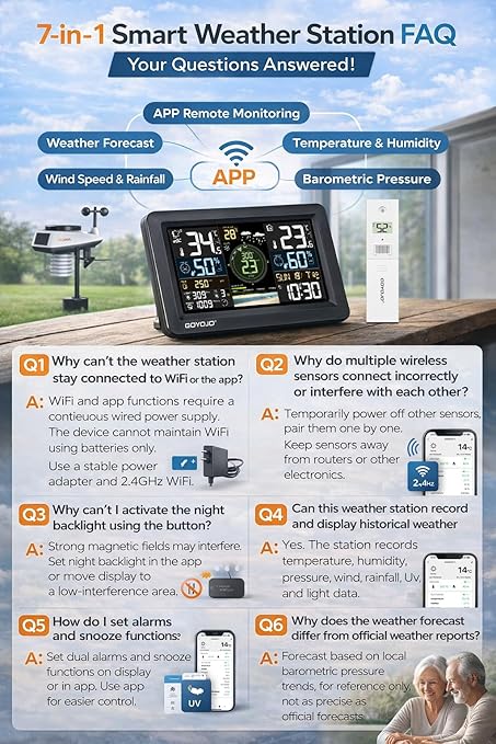 WiFi Weather Station with 7-in-1 Outdoor Sensor, Large Full-Color LCD, Indoor Outdoor Temperature & Humidity, Wind Speed/Direction, Rainfall, UV Index, Barometric Pressure, 433MHz, 300ft Range, App