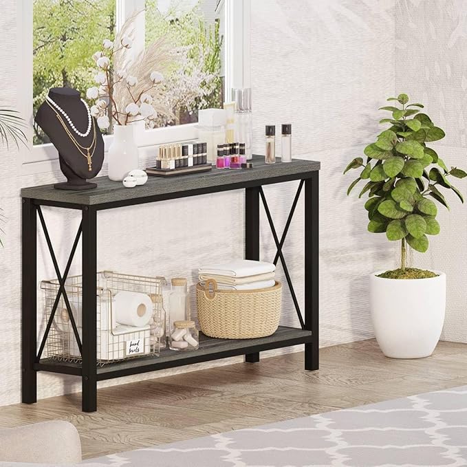 BON AUGURE Console Tables for Living Room, Industrial Couch Table Behind Sofa, Wood Metal Entryway Tables for Hallway, Entry Way Table for Foyer, Entrance, Front Door (Dark Grey Oak, 47 Inch)