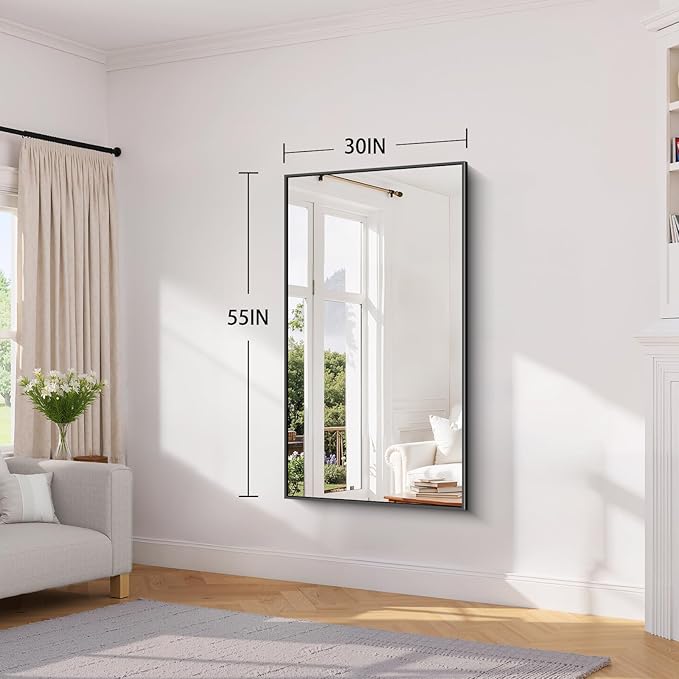 Koonmi Black Framed Bathroom Mirror - Shatterproof 30"x55" Tempered Glass, HD No Distortion, Horizontal/Vertical Mount, Modern Matte Aluminum Alloy Frame