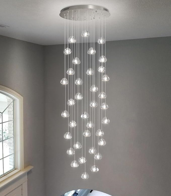 W27.5 x H197 Extra Large Chandelier Bubble Crystal Balls Glam Chandeliers Dimmable Light High Ceiling Pendants Light Fixtures Adjustable Long Lights Silver Chrome
