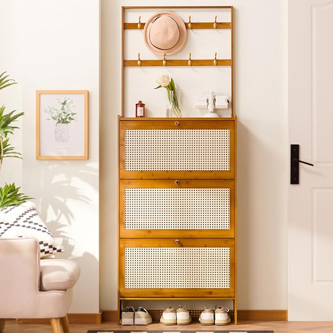 Modern Free Standing Rattan Coat Rack with 3 Flip Drawers 3Tier Shoe Storage Organizer for Entrance Hallway Natural and Stylish Design(70x17x186cm)
