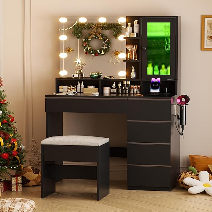 Vanity Desk with LED Lights Mirror, 35.43" Modern Makeup Table with 6 Storage Drawers & Stool for Ladies and Girls, RGB Light Makeup Desk with Power Outlet for Bedroom Dressing Room, Black