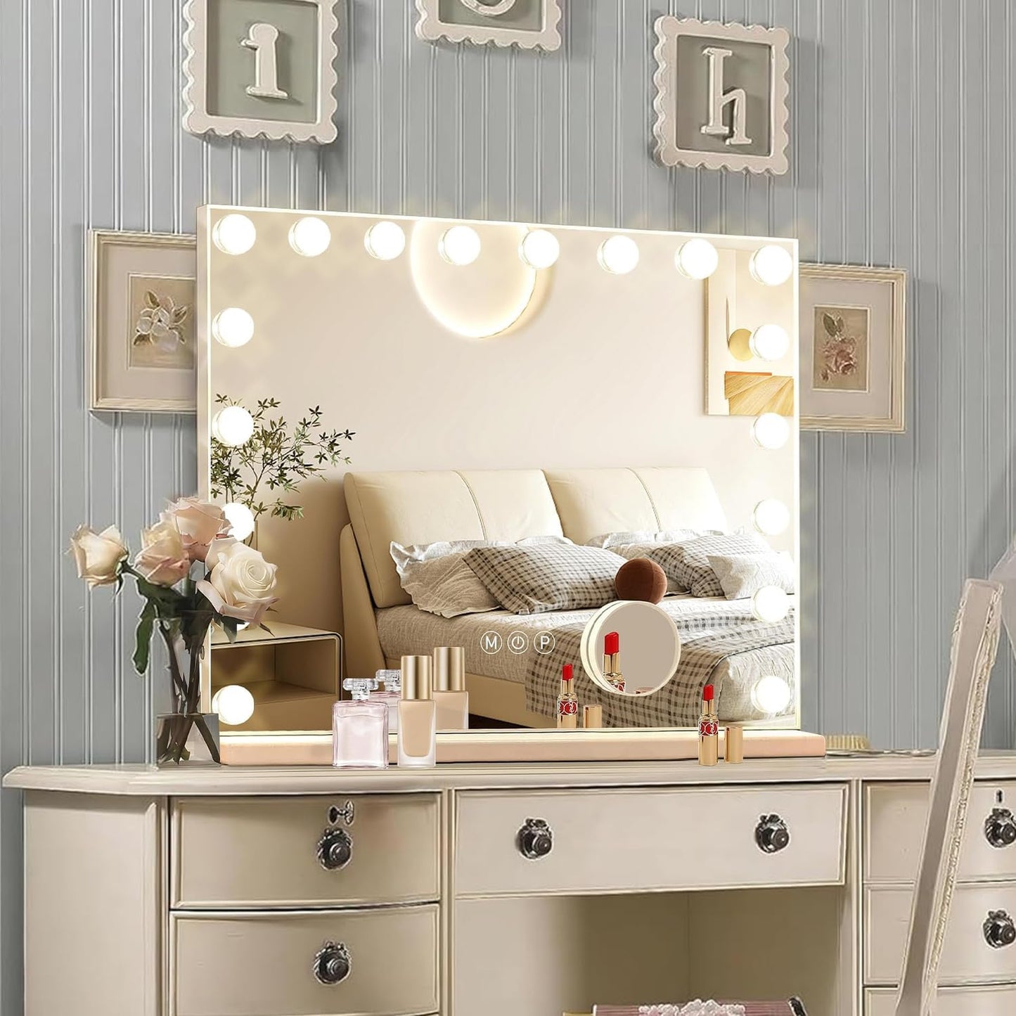 Hollywood Vanity Mirror with Lights, 18 Dimmable Bulbs, 3 Color Lights,Make Up Lighted Mirror, Aluminum Metal Frame, USB Charging Portï¼32" x 24"ï¼
