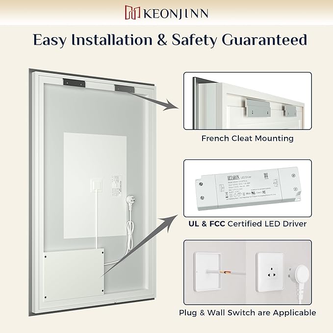 Keonjinn LED Backlit Mirror 72” x 35.9” Oversized Lighted Bathroom Mirror with UL Listed LED Driver, Large Stepless Dimmable Wall Mirror, Tempered Glass, CRI90+ Anti Fog Vanity Mirror with Backlights