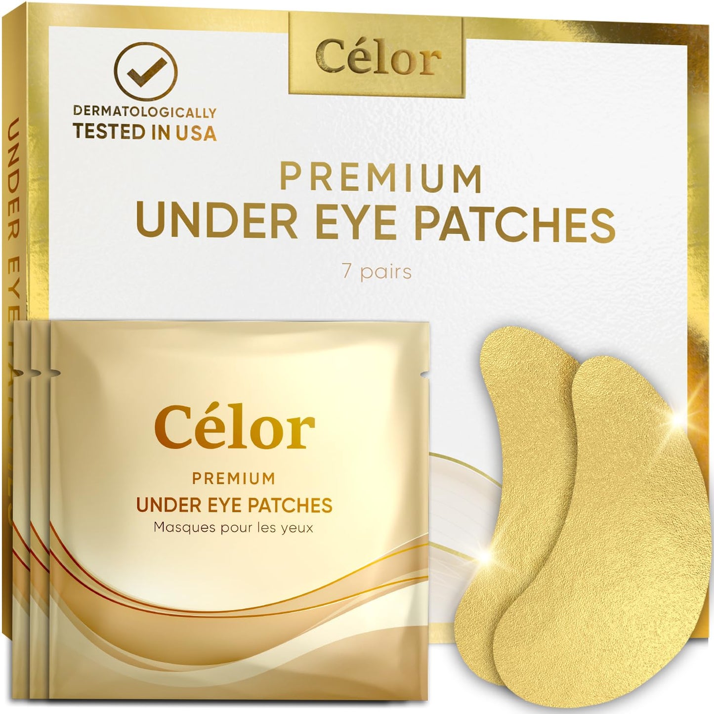 CÃLOR Under Eye Patches Premium - Golden Under Eye Mask Enriched with Hyaluronic Acid, Caffeine, Tea Tree & Collagen, Under Eye Patches for Puffy Eyes, Dark Circles and Puffiness (7 Pairs)
