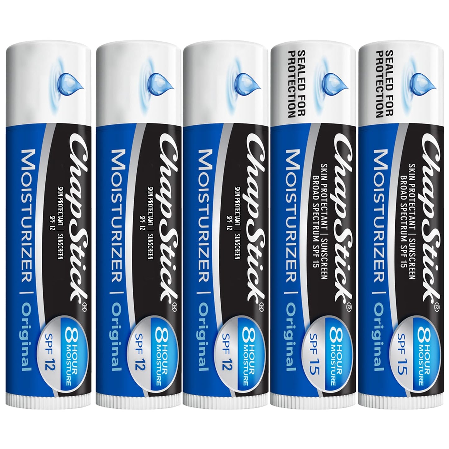 ChapStick Moisturizer 2-in-1 Lipcare 5-Pack (SPF 12 & 15) â Original Lip Balm with Broad Spectrum SPF, Aloe & Vitamin E, 0.15 Oz Ea